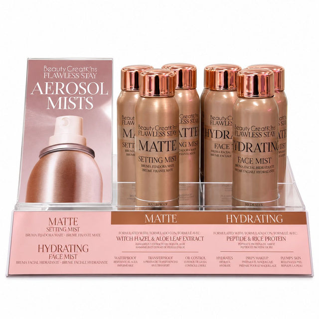 ***PREORDEN*** EXHIBIDOR FLAWLESS STAY AEROSOL MISTS - HYDRATING & MATTE DISPLAY - BEAUTY CREATIONS